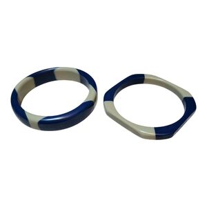 Vintage Bakelite Blue and Gray Striped Bangles - Set of 2